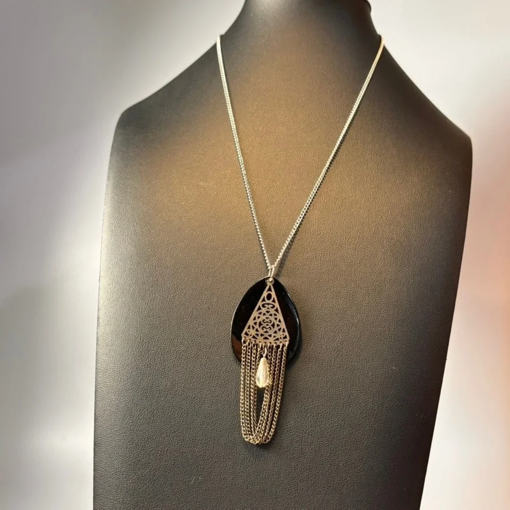 Filigree Tassel Necklace Black Silver Teardrop Goth Whimsygoth Boho Witchy